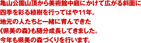 亀山公園山頂から美術館中庭にかけて広がる斜面に四季を彩る植樹を行ってはや11年。地元の人たちと一緒に育んできた「県美の森」も随分と成長してきました。パークロードや美術館前遊歩道ともども、緑のパワーに親しんでいただく企画を今年も開催します。