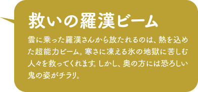 「救いの羅漢ビーム」雲に乗った羅漢さんから放たれるのは、熱を込めた超能力ビーム。寒さに凍える氷の地獄に苦しむ人々を救ってくれます。しかし、奥の方には恐ろしい鬼の姿がチラリ。