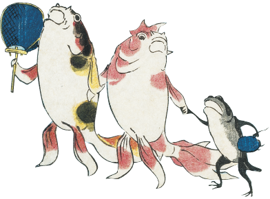 画像：うちわを持って歩く金魚の親子