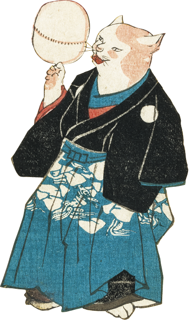 画像：手毬で芸をする着物を着た猫