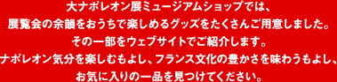 大ナポレオン展ミュージアムショップでは、展覧会の余韻をおうちで楽しめるグッズをたくさんご用意しました。その一部をウェブサイトでご紹介します。 ナポレオン気分を楽しむもよし、フランス文化の豊かさを味わうもよし、お気に入りの一品を見つけてください。