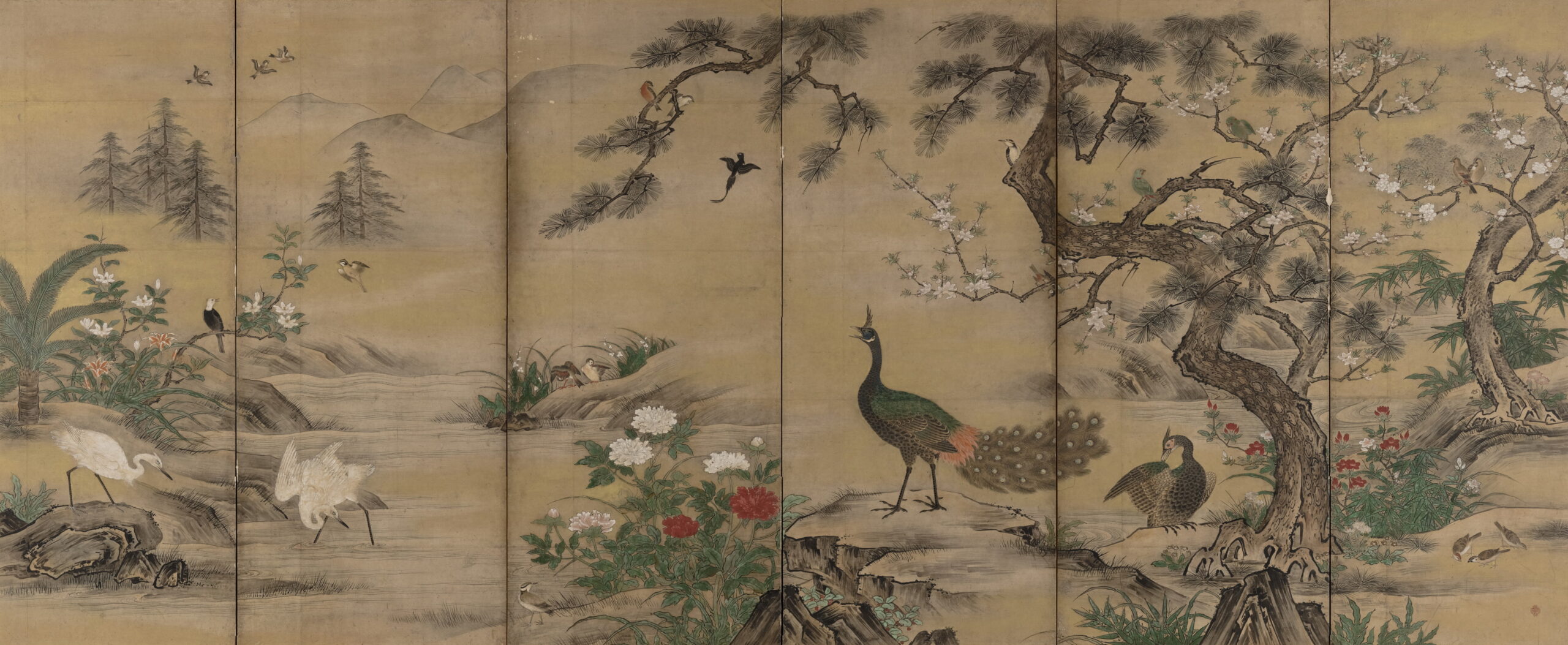 画像:狩野 松栄《四季花鳥図屏風》右隻 16世紀 紙本着色 山口県立美術館